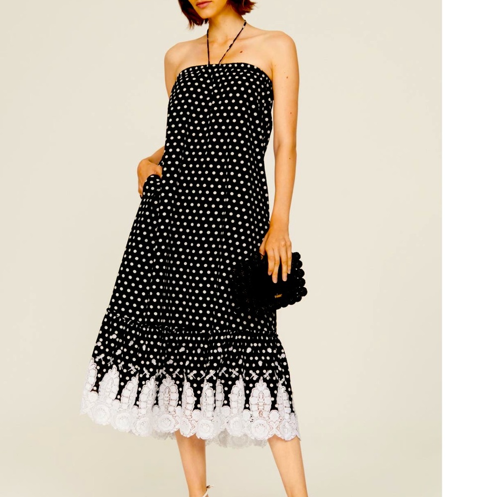 Miguelina black polka dot laced bottom with dragon fly accents summer dress